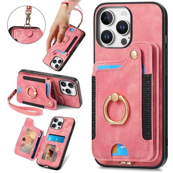 ShellTech for iPhone 15 Pro Retro PU Leather Wallet Case with Card Holder Ring Stand RFID Function Credit Card Slot with Ring Stand Protective Cover Wrist Strap,Pink