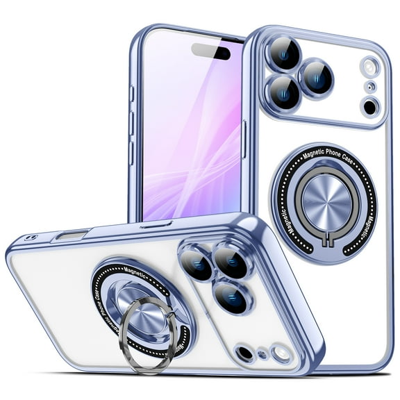 ShellTech for iPhone 15 TPU Magnetic Case with 360° Rotating Grip Ring Kickstand, Shockproof Plating Back Cover, Dust/Dirt Proof, Qi Wireless Charging Compatible, Lens Protector,Blue
