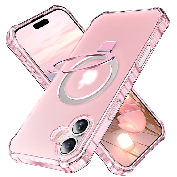ShellTech for iPhone 16 Case with Magnetic Invisible Stand,Compatible with MagSafe,Wavy Frame Shockproof Protective Slim Translucent Matte Kickstand Phone Case for iPhone 16,Pink
