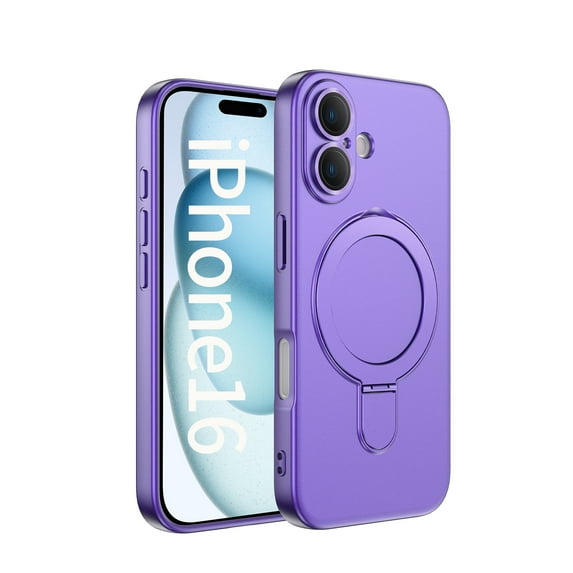 ShellTech for iPhone 16 Magnetic Ring Case Compatible with MagSafe Kickstand Invisible Bracket Matte Frosted Shockproof Cute Cellphone Cover for iPhone 16,Darkpurple