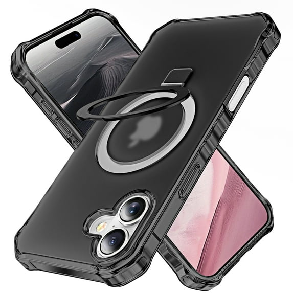 ShellTech for iPhone 16 Plus Case with Magnetic Invisible Stand,Compatible with MagSafe,Wavy Frame Shockproof Protective Slim Translucent Matte Kickstand Phone Case for iPhone 16 Plus,Black