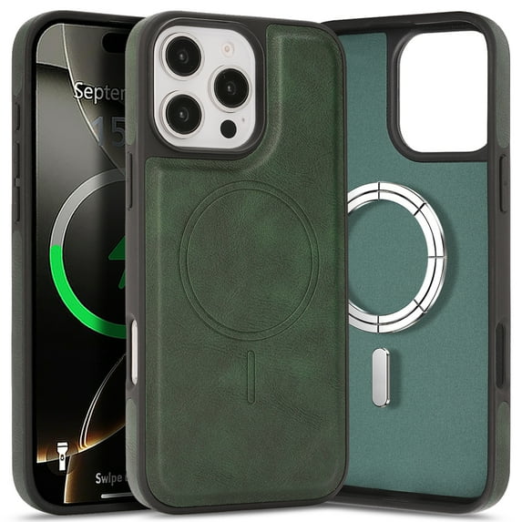 ShellTech for iPhone 16 Plus Case Magnetic Premium Leather Case Compatible with MagSafe Slim Cover Shockproof Protective Matte Back Wireless Charging,Green