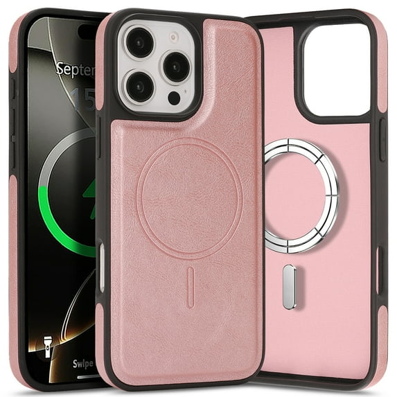 ShellTech for iPhone 16 Plus Case Magnetic Premium Leather Case Compatible with MagSafe Slim Cover Shockproof Protective Matte Back Wireless Charging,Rosegold