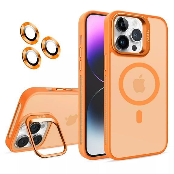 ShellTech for iPhone 16 Plus Magnetic Case Compatible with MagSafe,Military Grade Drop Protection Slim Translucent Matte Anti-Fingerprint Camera Ring Stand Shockproof Bumper Cover,Orange