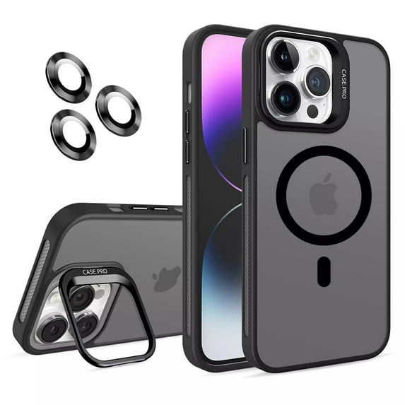 ShellTech for iPhone 16 Plus Magnetic Case Compatible with MagSafe,Military Grade Drop Protection Slim Translucent Matte Anti-Fingerprint Camera Ring Stand Shockproof Bumper Cover,Black