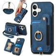 thumbnail image 1 of ShellTech for iPhone 16 Plus Retro PU Leather Wallet Case with Card Holder Ring Stand RFID Function Credit Card Slot with Ring Stand Protective Cover Wrist Strap,Blue, 1 of 10