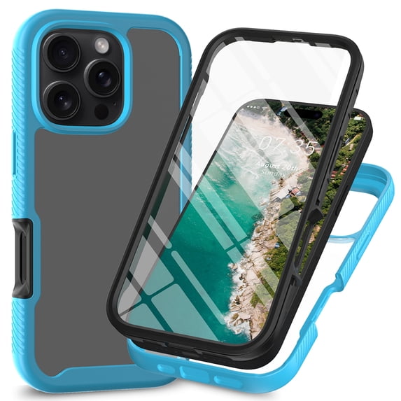 ShellTech for iPhone 16 Pro Case, Full Body Clear Case with Built-in Screen Protector, Anti-Scratch Shockproof Bumper Phone Case for iPhone 16 Pro,Blue