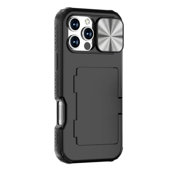 ShellTech for iPhone 16 Pro Case Wallet, Built-in Card Holder (4-5 Cards), Slide Camera Cover, Military Grade Drop Protection, Rugged Heavy Duty Men Women Protective Phone Case,Black