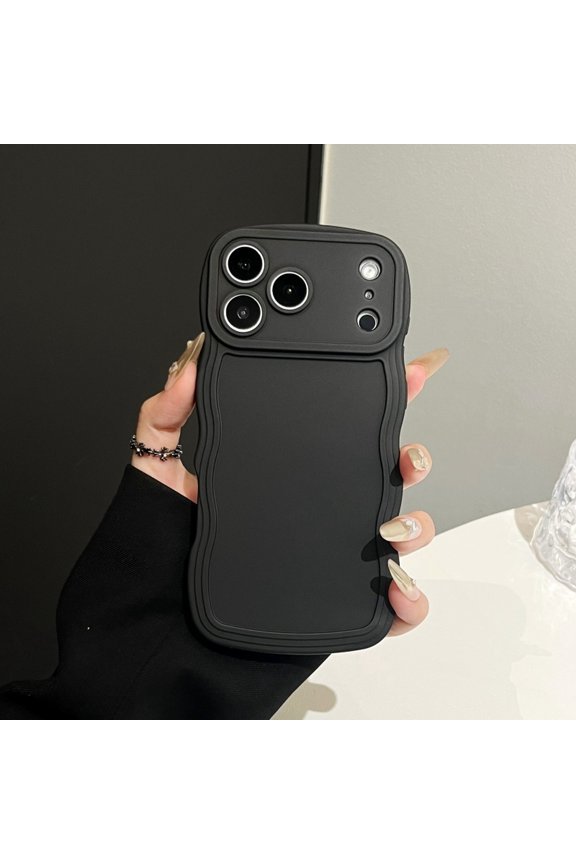 For iPhone 16 Pro Flexible TPU Shockproof Case Anti-Scratch Anti-Fingerprint Non-Slip Lightweight Cute Wave Curly Frame Solid Color Silicon Slim Cover with Camera Protection ,Black