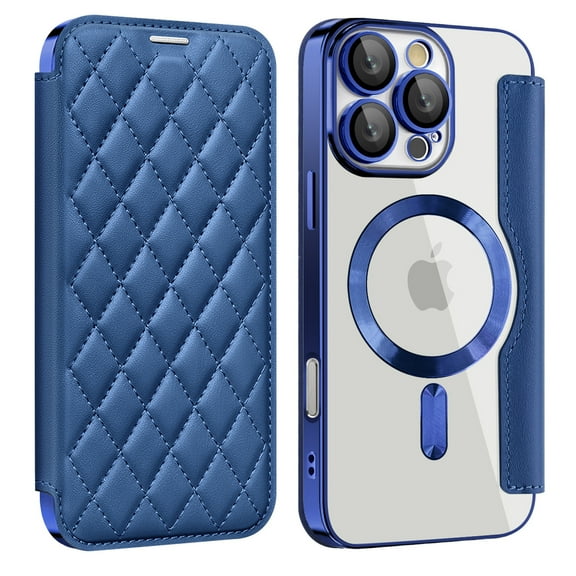 ShellTech for iPhone 16 Pro Flip Wallet Case with Magnetic Clear Back, Compatible with MagSafe, RFID Blocking Card Slots, Camera Lens Protector, PU Leather Protective Slim Phone Cover,Royalblue