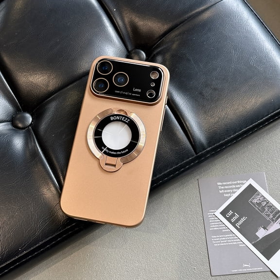 ShellTech for iPhone 16 Pro Hard PC Magnetic Case,Large Window Phone Case Leak Label with Ring 360°Ring Holder Stand,Frosted Durable Slim Shockproof Cover Camera Lens Protection,Desertgold