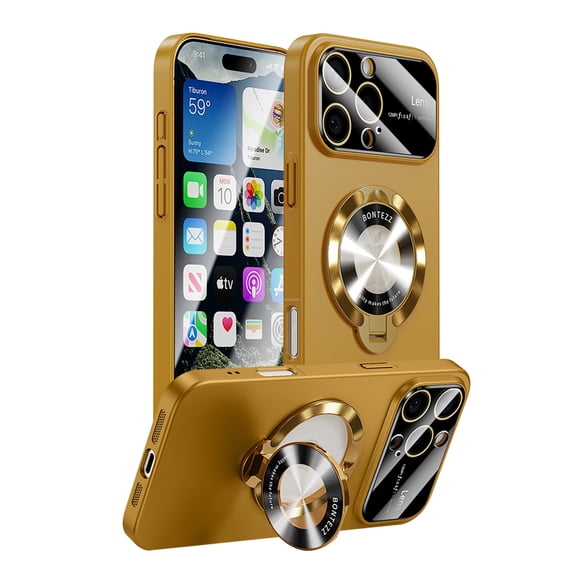 ShellTech for iPhone 16 Pro Hard PC Magnetic Case,Large Window Phone Case Leak Label with Ring 360°Ring Holder Stand,Frosted Durable Slim Shockproof Cover Camera Lens Protection,Khaki