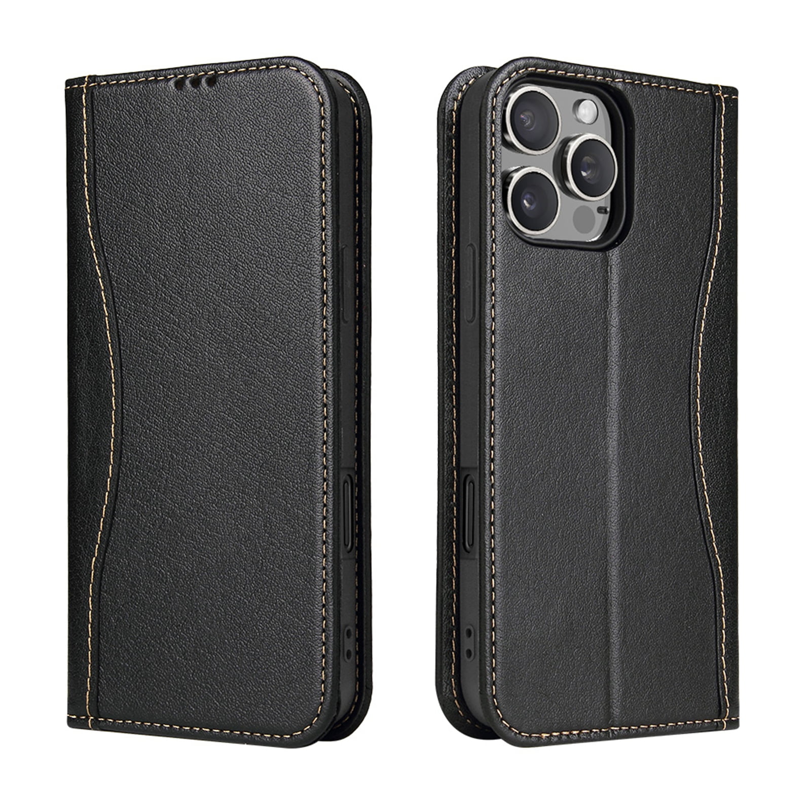 ShellTech for iPhone 16 Pro Leather Wallet Case,Luxury Genuine Vintage Leather [Slim and Durable] with Card Slot & Kickstand [Magnetic Closure] Flip Folio Case,Black