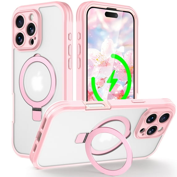 ShellTech for iPhone 16 Pro Max Case with Invisible Magnetic Stand, Compatible with MagSafe Military-Grade Protection with Built-in Screen Protector, Shockproof Phone Case for Women Men,Pink
