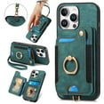 thumbnail image 1 of ShellTech for iPhone 16 Pro Max Retro PU Leather Wallet Case with Card Holder Ring Stand RFID Function Credit Card Slot with Ring Stand Protective Cover Wrist Strap,Green, 1 of 9