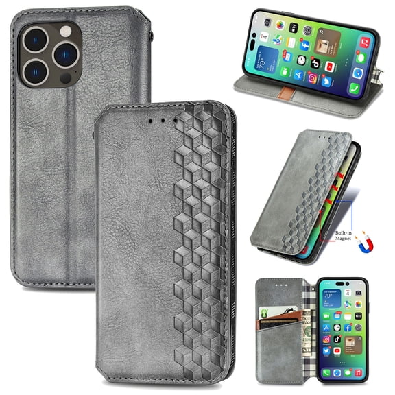 ShellTech for iPhone 16 Pro Premium PU Leather Cash Slot Wallet Case with [Kickstand][Credit Card Holder][Magnetic Closure] Flip Folio Shockproof TPU Cover for Men Women,Gray
