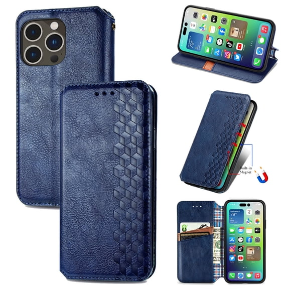ShellTech for iPhone 16 Pro Premium PU Leather Cash Slot Wallet Case with [Kickstand][Credit Card Holder][Magnetic Closure] Flip Folio Shockproof TPU Cover for Men Women,Blue