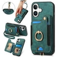 thumbnail image 1 of ShellTech for iPhone 16 Retro PU Leather Wallet Case with Card Holder Ring Stand RFID Function Credit Card Slot with Ring Stand Protective Cover Wrist Strap,Green, 1 of 10
