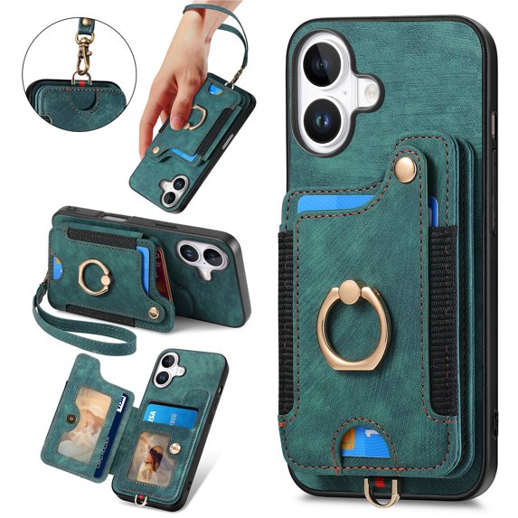 ShellTech for iPhone 16 Retro PU Leather Wallet Case with Card Holder Ring Stand RFID Function Credit Card Slot with Ring Stand Protective Cover Wrist Strap,Green