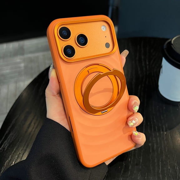 ShellTech For iPhone 16 Rubber Silicone Magnetic Case with 360° Rotatable Ring Kickstand, Anti-Scratch, Slim Shockproof, Wireless Charging Non-Slip Military Drop Protection,Orange