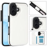 ShellTech for iPhone 16 Slim PU Leather Wallet Case with Card Holder, PC+TPU Hybrid Kickstand 4 Credit Card Slots Case, Double Magnetic Clasp and Durable Lightweight Shockproof,White