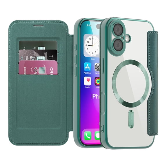 ShellTech for iPhone 16 TPU Clear Back Flip Wallet Case with RFID Blocking Card Slots & Camera Lens Protector, Compatible with MagSafe, PU Leather Magnetic Slim Shockproo Cover,Darkgreen