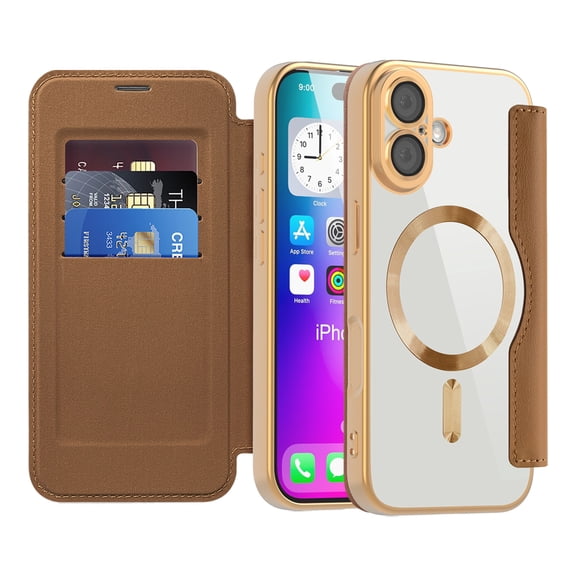 ShellTech for iPhone 16 TPU Clear Back Flip Wallet Case with RFID Blocking Card Slots & Camera Lens Protector, Compatible with MagSafe, PU Leather Magnetic Slim Shockproo Cover,Brown