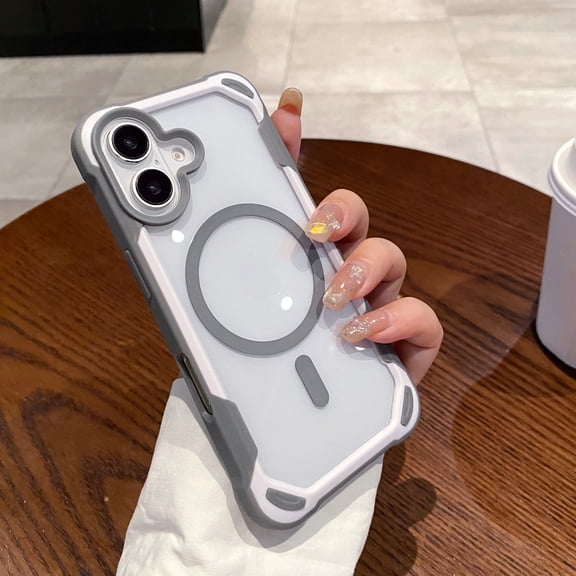 ShellTech for iPhone 16 Two Color Magnetic PC+TPU Armor Case,Compatible with Magsafe,Comes with Crystal Transparent Acrylic Hard Hybrid Bumper Shockproof Quad Corner Drop Proof ,Gray