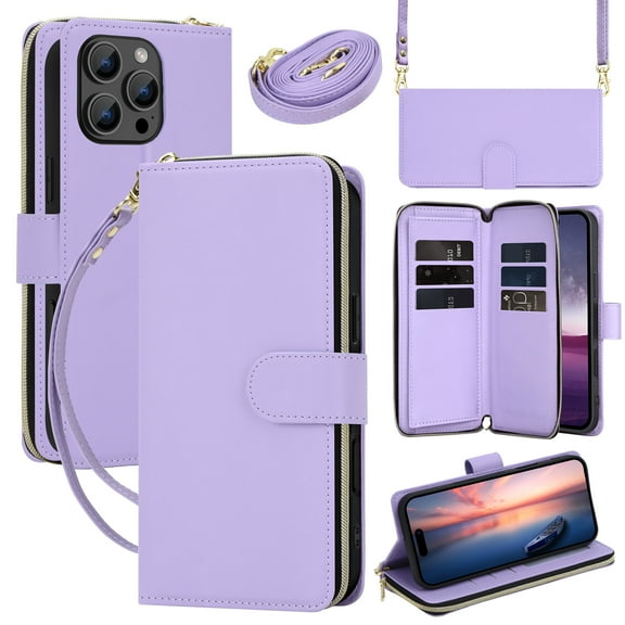 ShellTech for iPhone 16 Wallet Case,PU Leather+TPU Protective Cover with Credit Card Slots, Cash Pocket,Magnetic Closure,Wrist Strap & Adjustable Crossbody Shoulder Strap,Purple