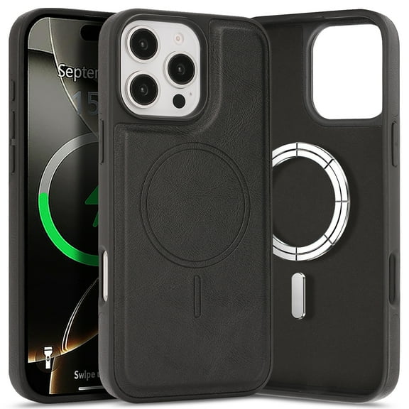 ShellTech for iPhone 16e Case Magnetic Premium Leather Case Compatible with MagSafe Slim Cover Shockproof Protective Matte Back Wireless Charging,Black