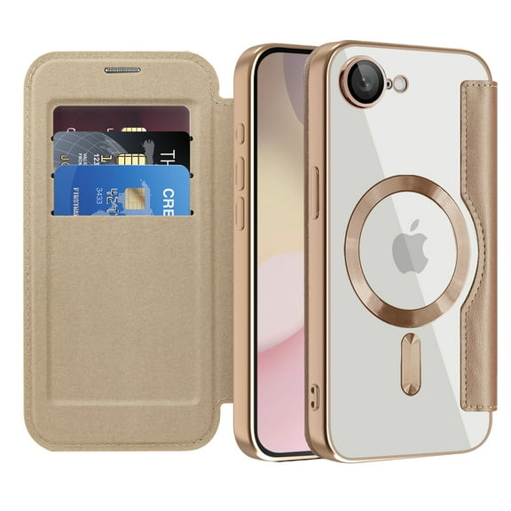 ShellTech for iPhone 16e Flip Wallet Case with Magnetic Clear Back, Compatible with MagSafe, RFID Blocking Card Slots, Camera Lens Protector, PU Leather Protective Slim Phone Cover,Desertgold