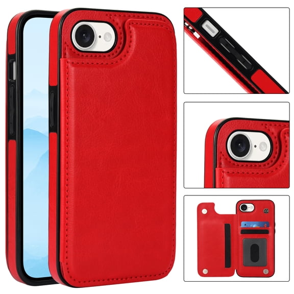 ShellTech for iPhone 16e Slim PU Leather Wallet Case with Card Holder, PC+TPU Hybrid Kickstand 4 Credit Card Slots Case, Double Magnetic Clasp and Durable Lightweight Shockproof,Red