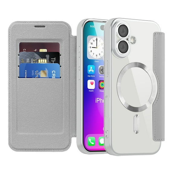 ShellTech for iPhone 16e TPU Clear Back Flip Wallet Case with RFID Blocking Card Slots & Camera Lens Protector, Compatible with MagSafe, PU Leather Magnetic Slim Shockproo Cover,Grey