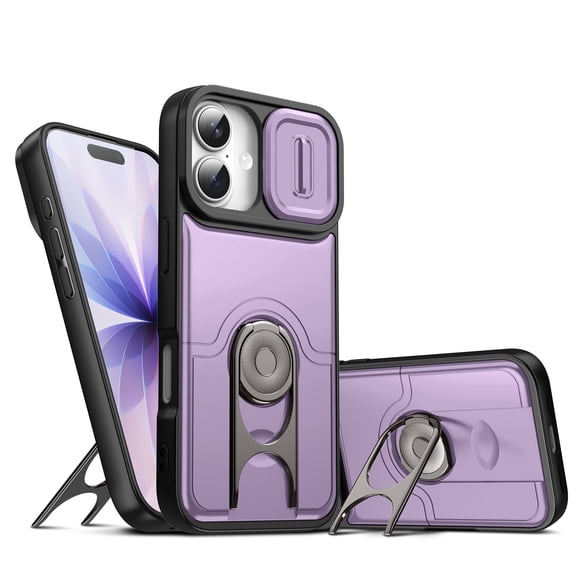 ShellTech for iPhone 17 Case with Ring Stand Holder, Military-Grade Heavy Duty Hybrid Protective Case with Slide Camera Lens Cover & Rotatable Kickstand, Shockproof Dual-Layer Hard Phone Case,Purple