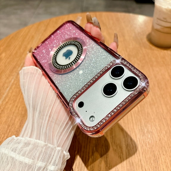 ShellTech for iPhone 17 Magnetic Glitter TPU Case Compatible with Magsafe Bling Logo View Plating Diamond Shockproof Lightweight Non-Slip Metal Camera Lens Protection for Women Girls,Pink