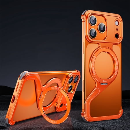 ShellTech For iPhone 17 Metal Snap Z Bumper Case with Magnetic Kickstand Ring, Rugged Shockproof Metal Frame,Lightweight Heat Dissipation, Non-Slip Wireless Charging,Orange