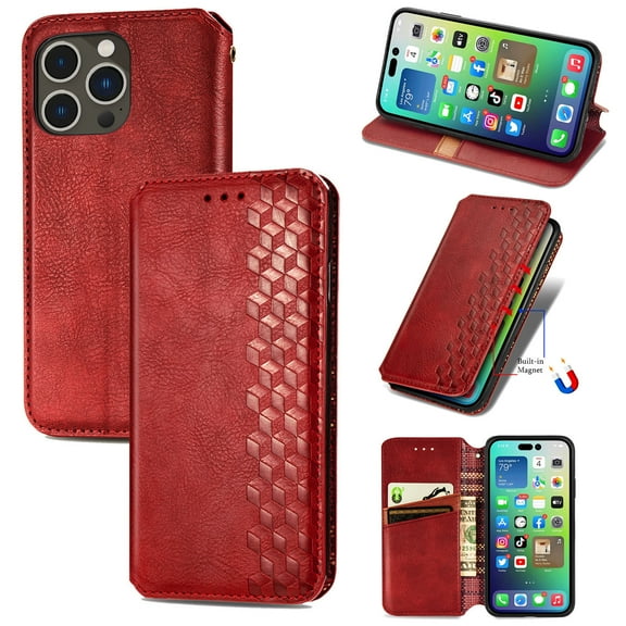 ShellTech for iPhone 17 Premium PU Leather Cash Slot Wallet Case with [Kickstand][Credit Card Holder][Magnetic Closure] Flip Folio Shockproof TPU Cover for Men Women,Red