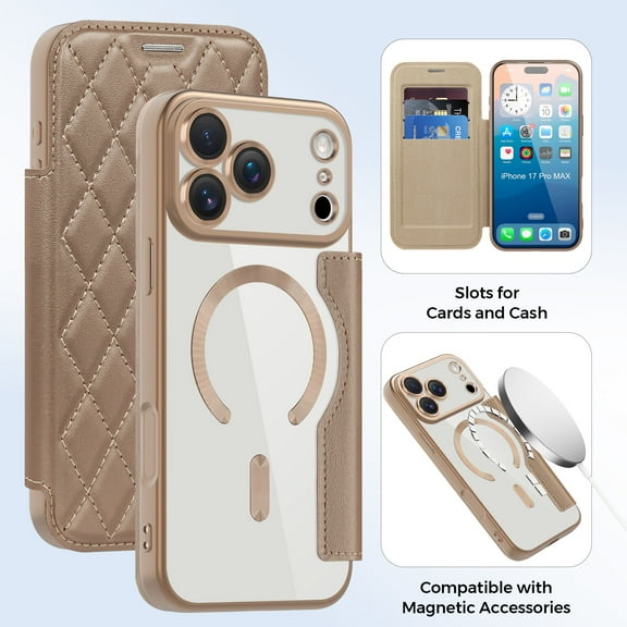 ShellTech for iPhone 17 Pro Max Flip Wallet Case with Magnetic Clear Back, Compatible with MagSafe, RFID Blocking Card Slots, Camera Lens Protector, PU Leather Protective Slim Phone Cover,Desertgold