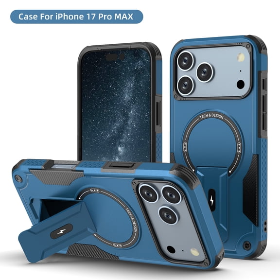ShellTech for iPhone 17 Pro Max Strong Magnetic Armor Hard Case, Heavy Duty Shockproof Rugged PC+TPU Hybrid Cover with Kickstand, Compatible with MagSafe Bumper Protective Cover,Darkblue