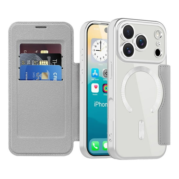 ShellTech for iPhone 17 Pro TPU Clear Back Flip Wallet Case with RFID Blocking Card Slots & Camera Lens Protector, Compatible with MagSafe, PU Leather Magnetic Slim Shockproo Cover,Grey