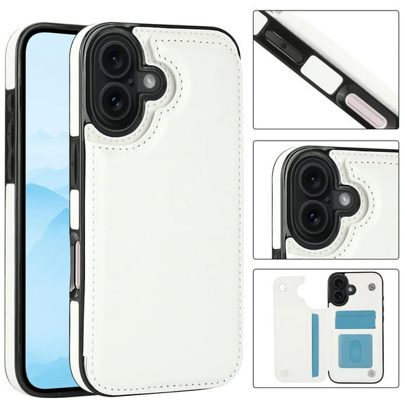 ShellTech for iPhone 17 Slim PU Leather Wallet Case with Card Holder, PC+TPU Hybrid Kickstand 4 Credit Card Slots Case, Double Magnetic Clasp and Durable Lightweight Shockproof,White