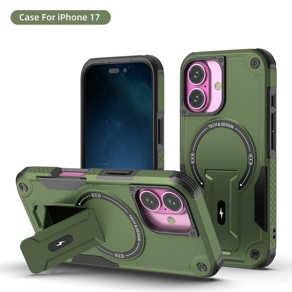 ShellTech for iPhone 17 Strong Magnetic Armor Hard Case, Heavy Duty Shockproof Rugged PC+TPU Hybrid Cover with Kickstand, Compatible with MagSafe Bumper Protective Cover,Armygreen