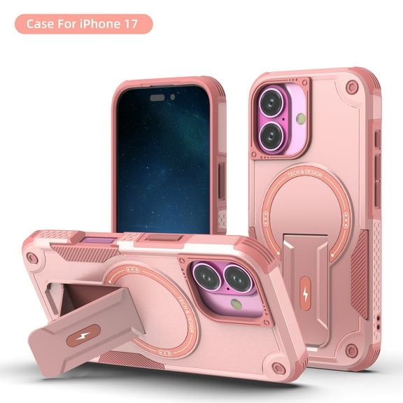 ShellTech for iPhone 17 Strong Magnetic Armor Hard Case, Heavy Duty Shockproof Rugged PC+TPU Hybrid Cover with Kickstand, Compatible with MagSafe Bumper Protective Cover,Pink