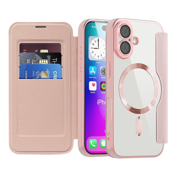 ShellTech for iPhone 17 TPU Clear Back Flip Wallet Case with RFID Blocking Card Slots & Camera Lens Protector, Compatible with MagSafe, PU Leather Magnetic Slim Shockproo Cover,Pink