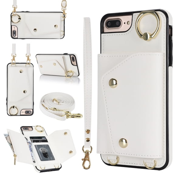 ShellTech for iPhone 7 Plus/8 Plus Case with Card Holder and Strap - Zipper Pocket,Crossbody Lanyard Strap,Credit Card Holder,Stand Ring,Cute Phone Wallet Case for Women,White