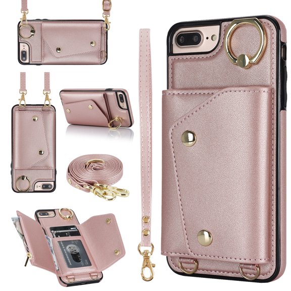 ShellTech for iPhone 7 Plus/8 Plus Case with Card Holder and Strap - Zipper Pocket,Crossbody Lanyard Strap,Credit Card Holder,Stand Ring,Cute Phone Wallet Case for Women,Rosegold
