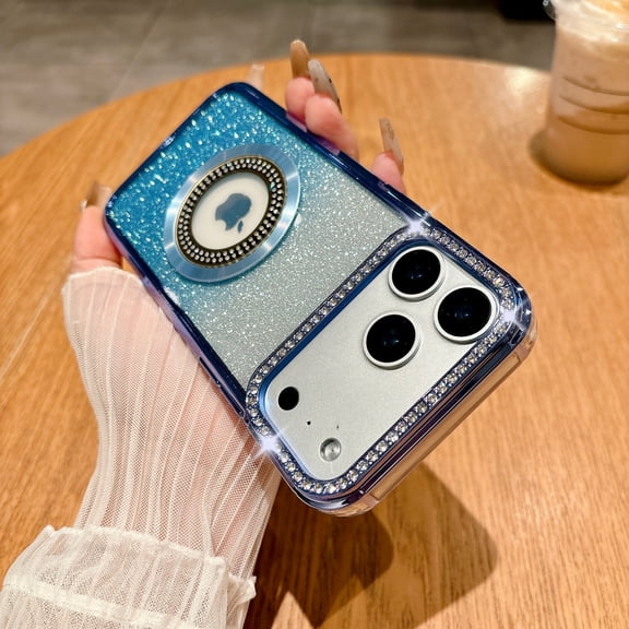 ShellTech for iPhone Air Magnetic Glitter TPU Case Compatible with Magsafe Bling Logo View Plating Diamond Shockproof Lightweight Non-Slip Metal Camera Lens Protection for Women Girls,Blue