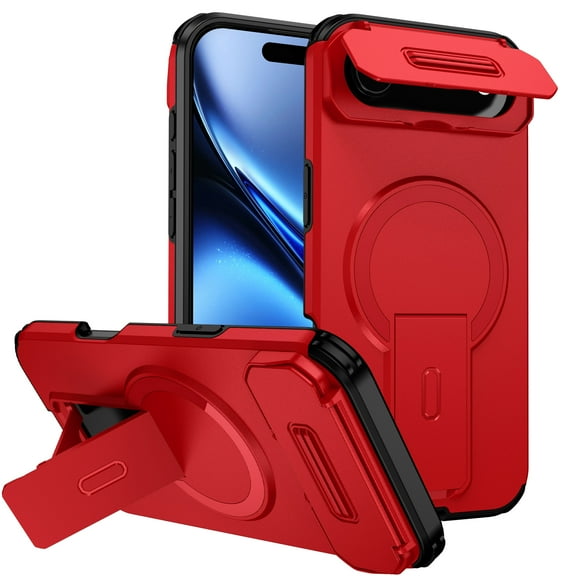 ShellTech For iPhone Air PC+TPU Case Magnetic Kickstand Rugged, Shockproof, Compatible with Magsafe Wireless Charging, Heavy Duty Anti-Fingerprint Slide Camera Lens Cover,Red