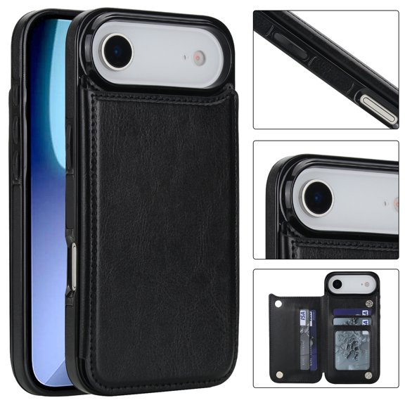 ShellTech for iPhone Air Slim PU Leather Wallet Case with Card Holder, PC+TPU Hybrid Kickstand 4 Credit Card Slots Case, Double Magnetic Clasp and Durable Lightweight Shockproof,Black