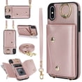 thumbnail image 1 of ShellTech for iPhone X/XS Case with Card Holder and Strap - Zipper Pocket,Crossbody Lanyard Strap,Credit Card Holder,Stand Ring,Cute Phone Wallet Case for Women,Rosegold, 1 of 10